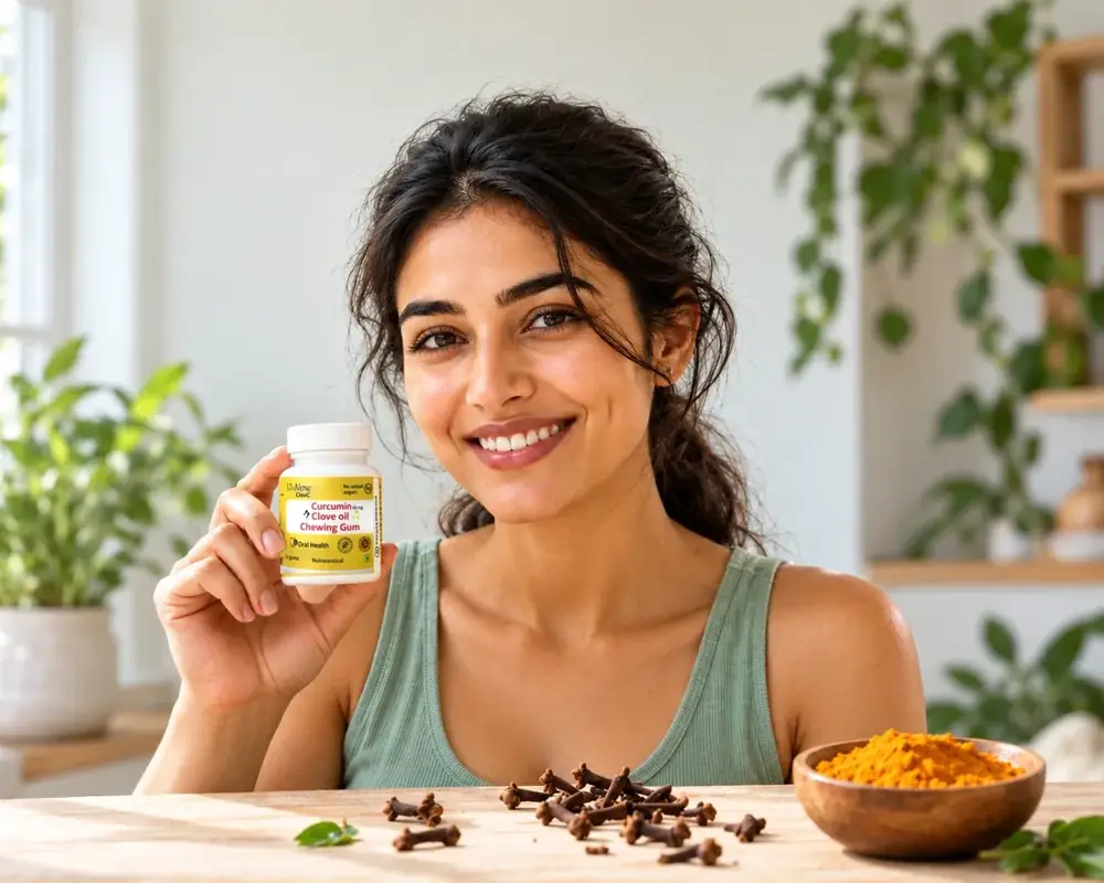 A woman at home smiling and holding a bottle of LivNow ClovC, with cloves and turmeric on the table