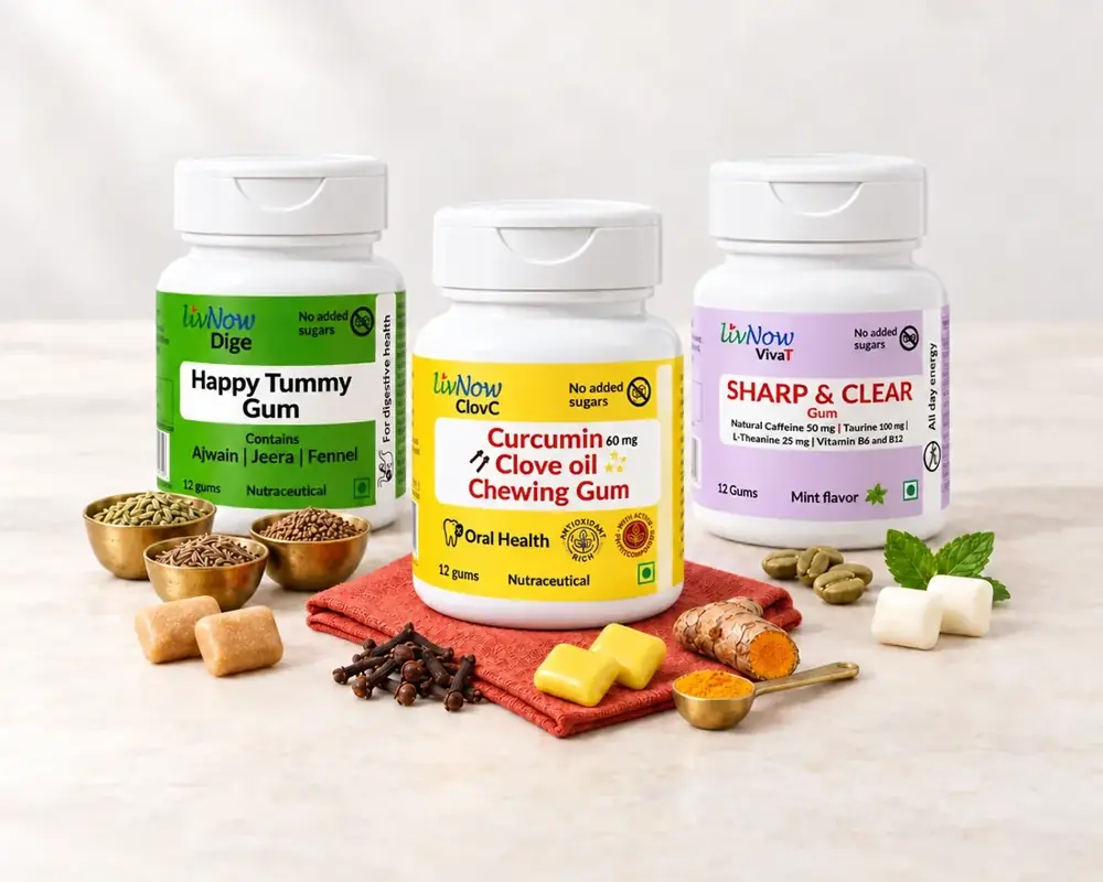 LivNow Dige, ClovC and VivaT bottles with their ingredients: ajwain, jeera and fennel; cloves and turmeric; green coffee beans and mint