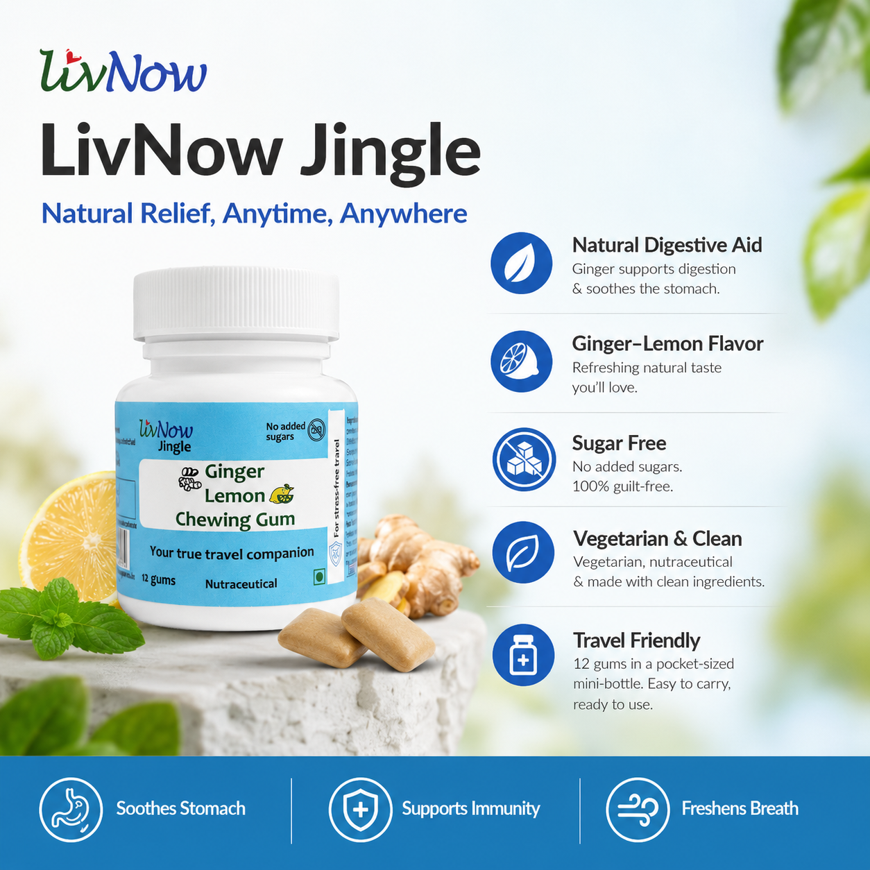 LivNow Jingle | Ginger Lemon Sugar Free Chewing Gum | For Support with Motion Sickness and Stress-Free Travel | Mini-Bottle Pack of 2 (24 Gums) - Image 6
