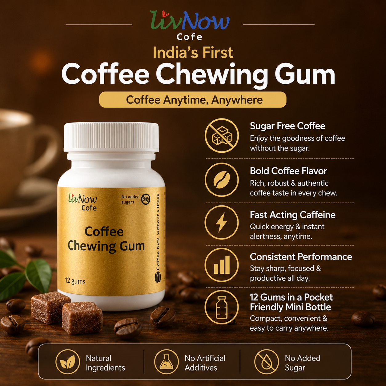 LivNow Cofe | Sugar Free Coffee Chewing Gum | for Coffee Lovers | Anywhere Coffee | Pack of 2 (24 Gums) - Image 6