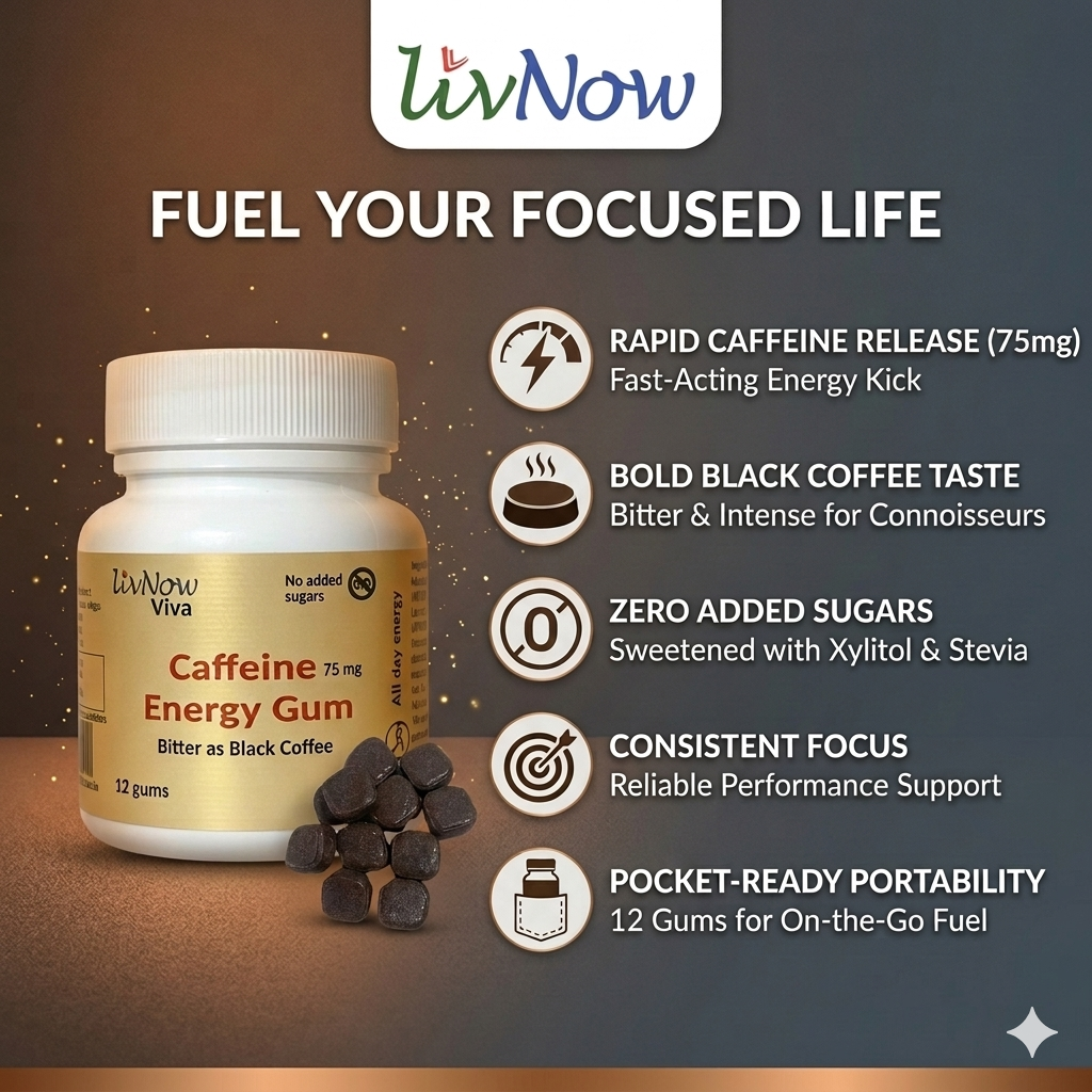 LivNow Viva Caffeine Gum | Sugar-Free Energy Chewing Gum for Alertness & Focus | Coffee Alternative | Fast Acting | Pack of 2 |24 Gums - Image 3