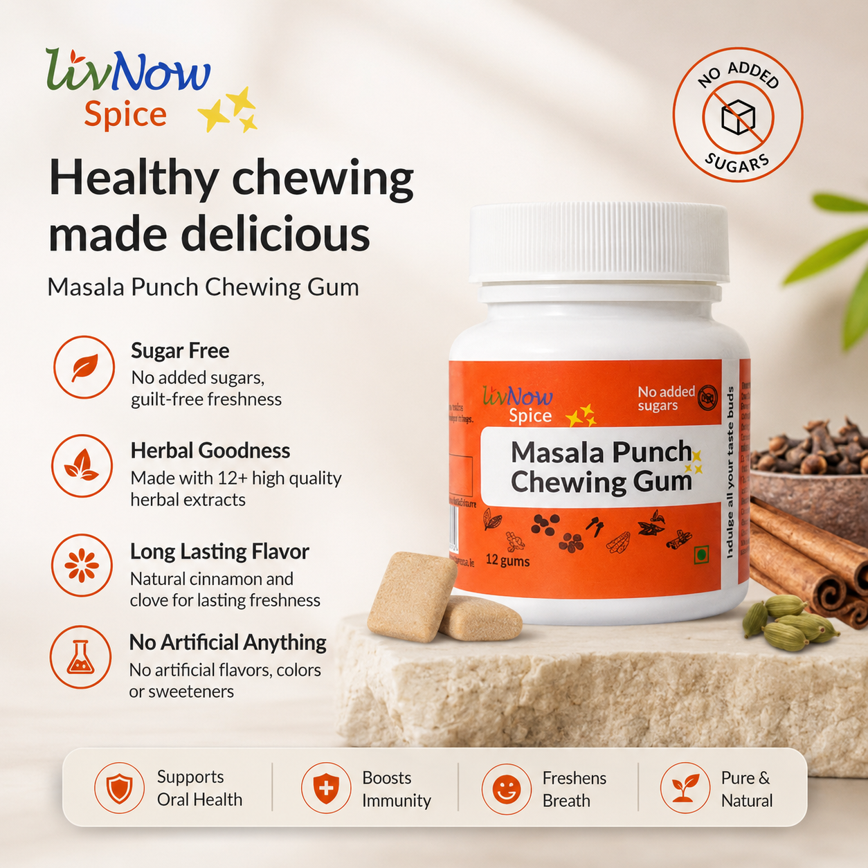 LivNow Spice | Sugar Free Chewing Gum | Eight Indian Spices | Long Lasting Natural Freshness | Cinnamon Flavor | Pack of 2 (24 Gums) - Image 6