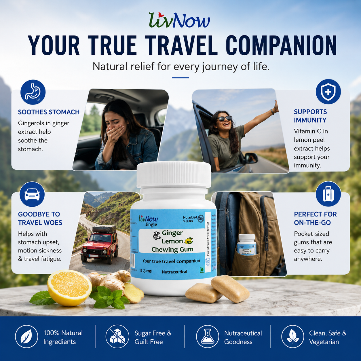 LivNow Jingle | Ginger Lemon Sugar Free Chewing Gum | For Support with Motion Sickness and Stress-Free Travel | Mini-Bottle Pack of 2 (24 Gums) - Image 2