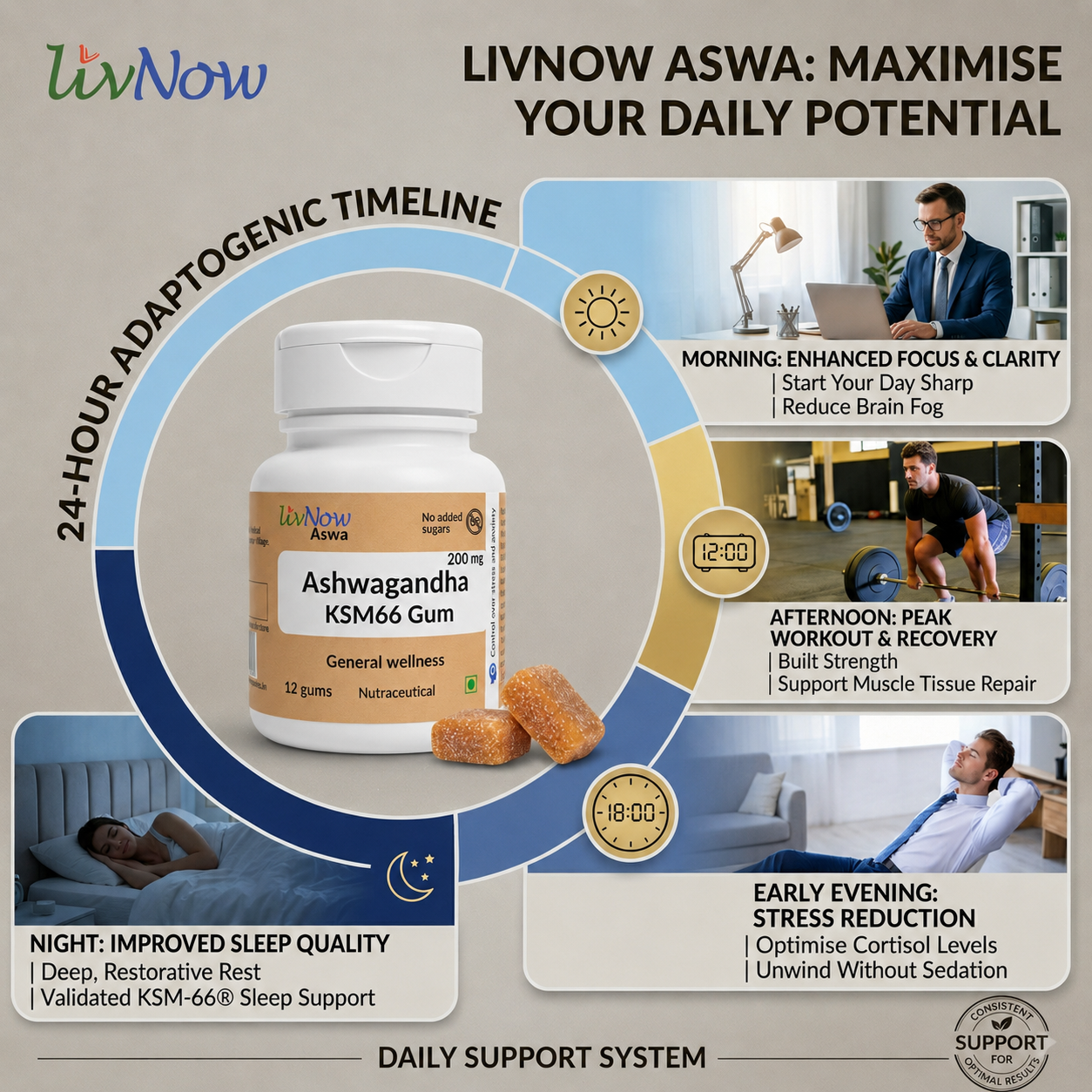 LivNow Aswa | KSM-66 Ashwagandha Sugar Free Chewing Gum | For a Calm and Stress-free Day and Deep Sleep Night | Pack of 2 (24 Gums) - Image 3
