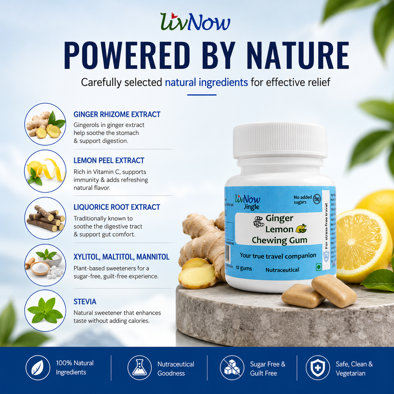 LivNow Jingle | Ginger Lemon Sugar Free Chewing Gum | For Support with Motion Sickness and Stress-Free Travel | Mini-Bottle Pack of 2 (24 Gums) - Image 3