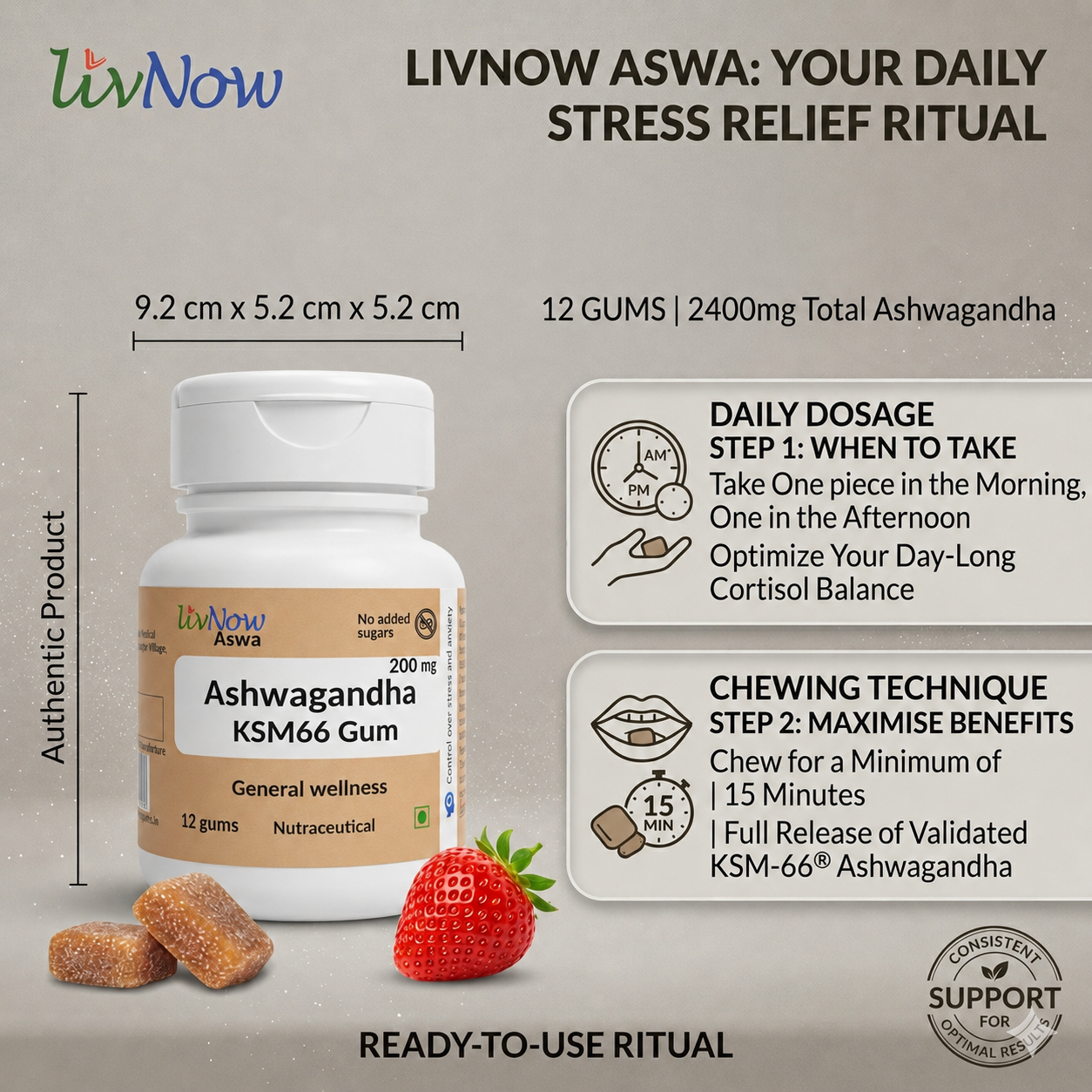 LivNow Aswa | KSM-66 Ashwagandha Sugar Free Chewing Gum | For a Calm and Stress-free Day and Deep Sleep Night | Pack of 2 (24 Gums) - Image 4