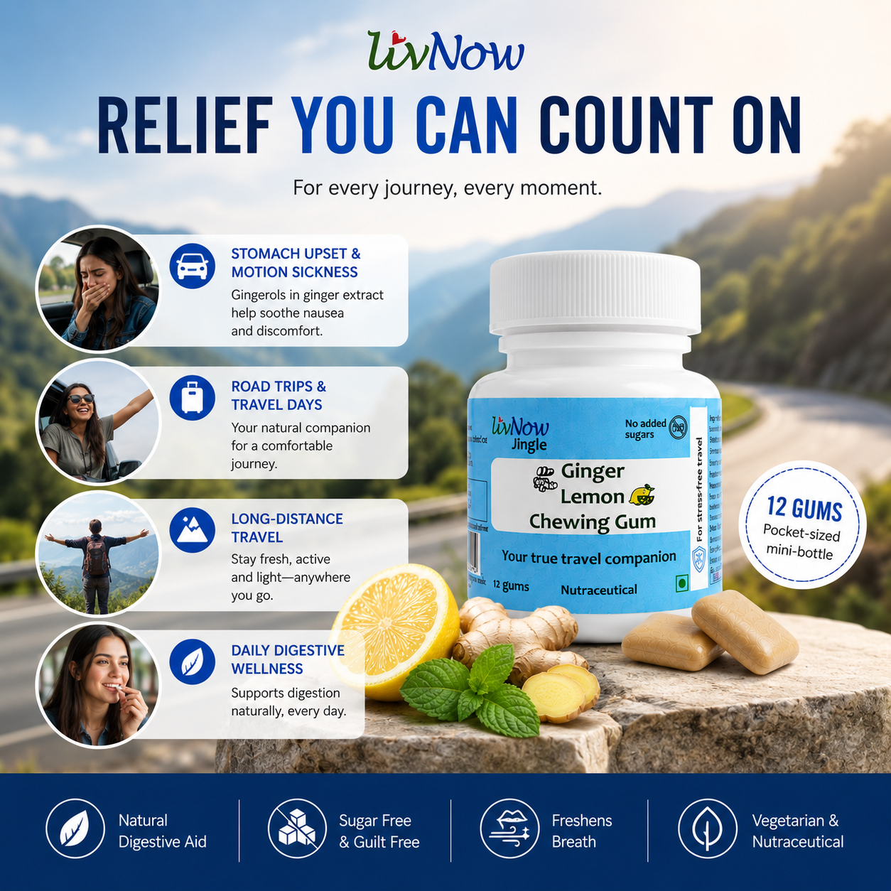 LivNow Jingle | Ginger Lemon Sugar Free Chewing Gum | For Support with Motion Sickness and Stress-Free Travel | Mini-Bottle Pack of 2 (24 Gums) - Image 4