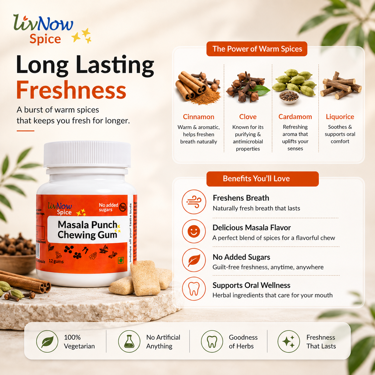 LivNow Spice | Sugar Free Chewing Gum | Eight Indian Spices | Long Lasting Natural Freshness | Cinnamon Flavor | Pack of 2 (24 Gums) - Image 4