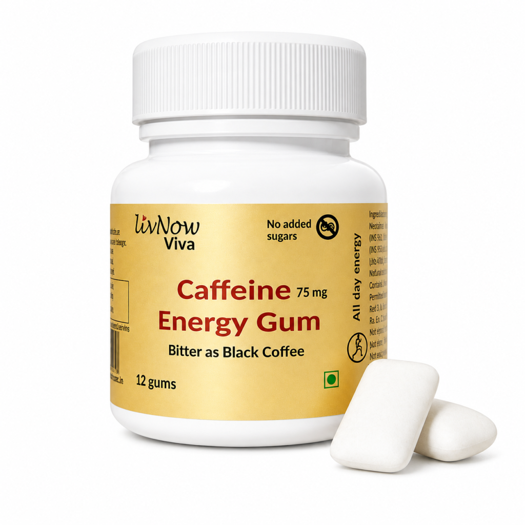 LivNow Viva Caffeine Gum | Sugar-Free Energy Chewing Gum for Alertness & Focus | Coffee Alternative | Fast Acting | Pack of 2 |24 Gums