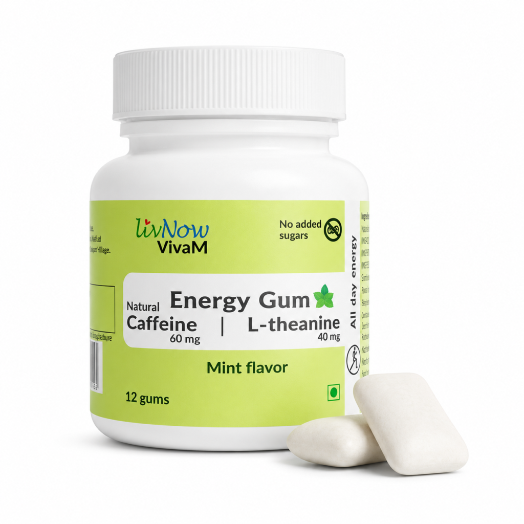 LivNow VivaM | Caffeine and L-theanine Energy Chewing Gum | All Day Energy | Refreshing Mint Flavor | Mini-bottle | Pack of 2 (24 Gums)