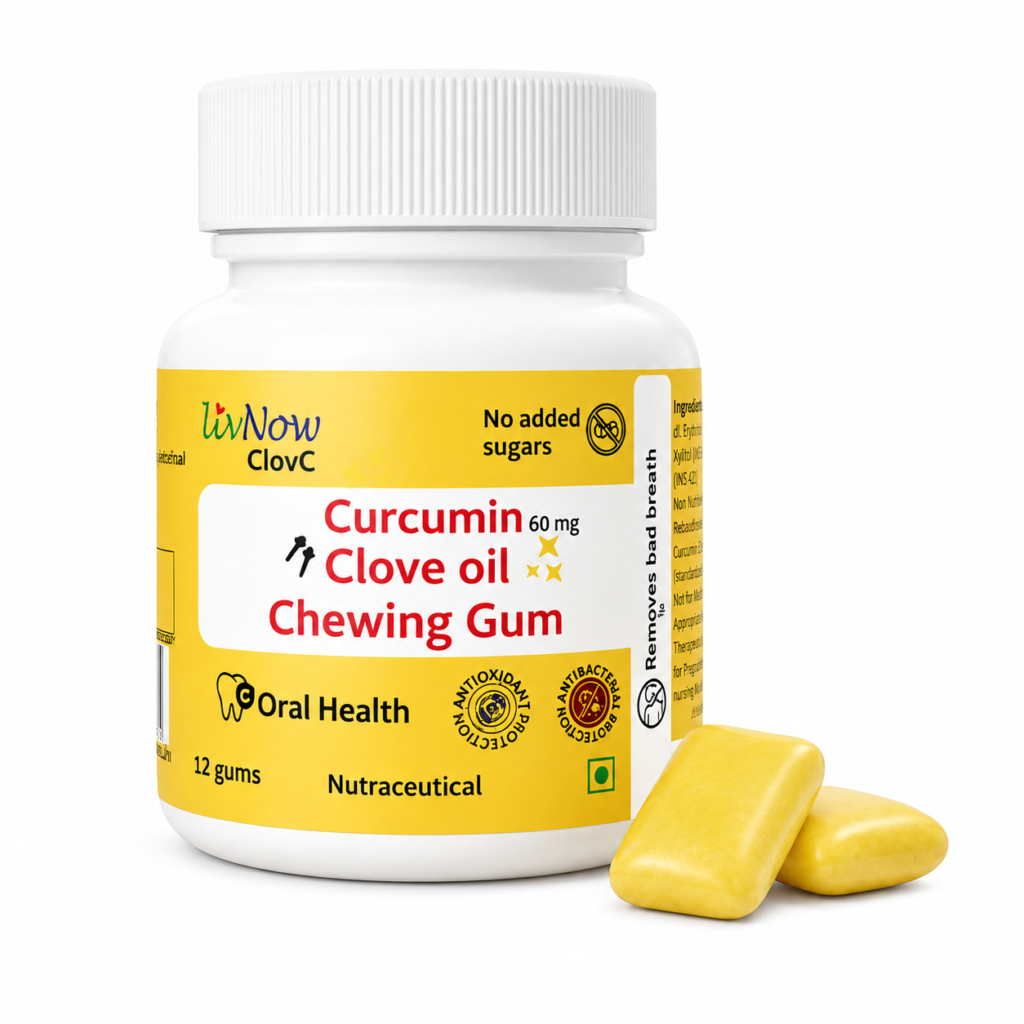 LivNow ClovC Oral Care Sugar Free Chewing Gum Supports Removing Bad Breath & Cavities | With Clove & Curcumin | Pack of 2 (24 Gums)