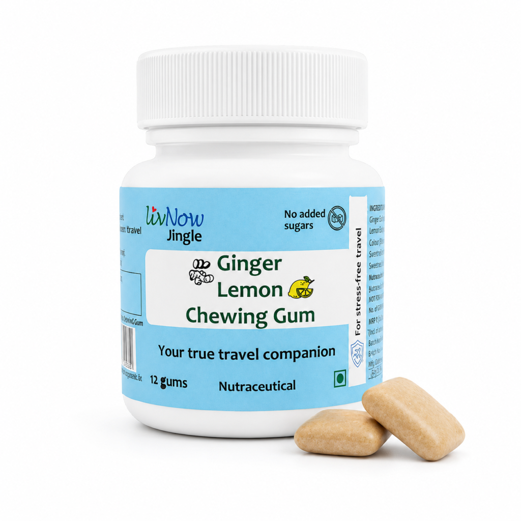LivNow Jingle | Ginger Lemon Sugar Free Chewing Gum | For Support with Motion Sickness and Stress-Free Travel | Mini-Bottle Pack of 2 (24 Gums)