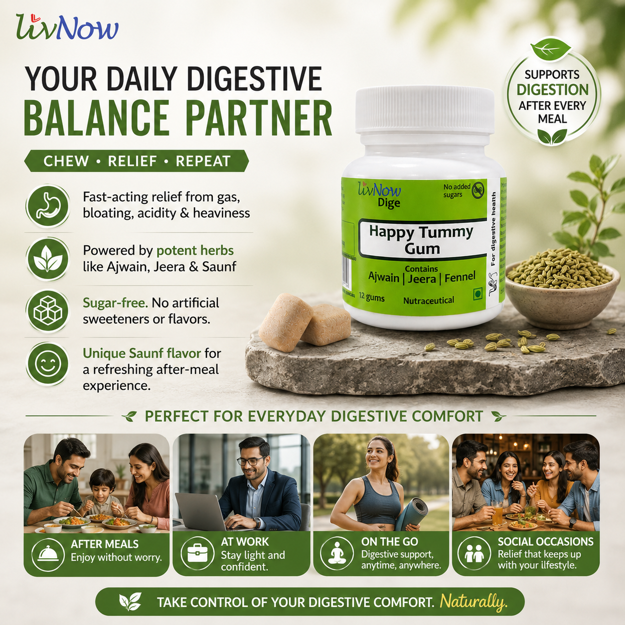LivNow Dige Sugar Free Digestive Chewing Gum for Gas, Acidity & Bloating | With Ajwain & Jeera | After-Meal Digestive Gum | Pack of 2 (24 Gums) - Image 5