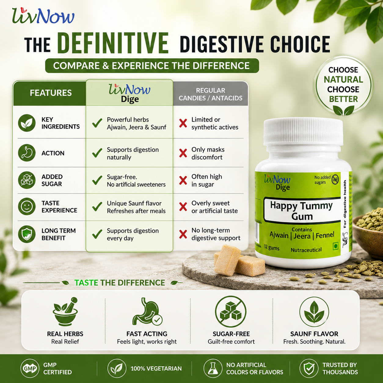 LivNow Dige Sugar Free Digestive Chewing Gum for Gas, Acidity & Bloating | With Ajwain & Jeera | After-Meal Digestive Gum | Pack of 2 (24 Gums) - Image 7