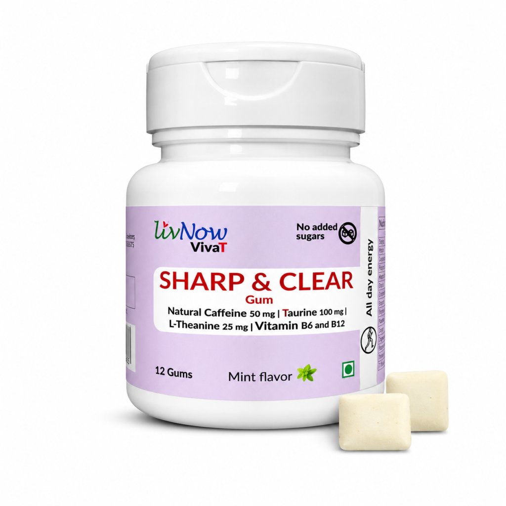 LivNow VivaT Sharp & Clear Gum | Natural Caffeine (50 mg) + Taurine (100 mg) + L-Theanine (25 mg) + Vitamins B6 & B12 | Sugar-Free Mint Chewing Gum for Energy, Alertness & Focus | Pack of 2 (24 Gums)